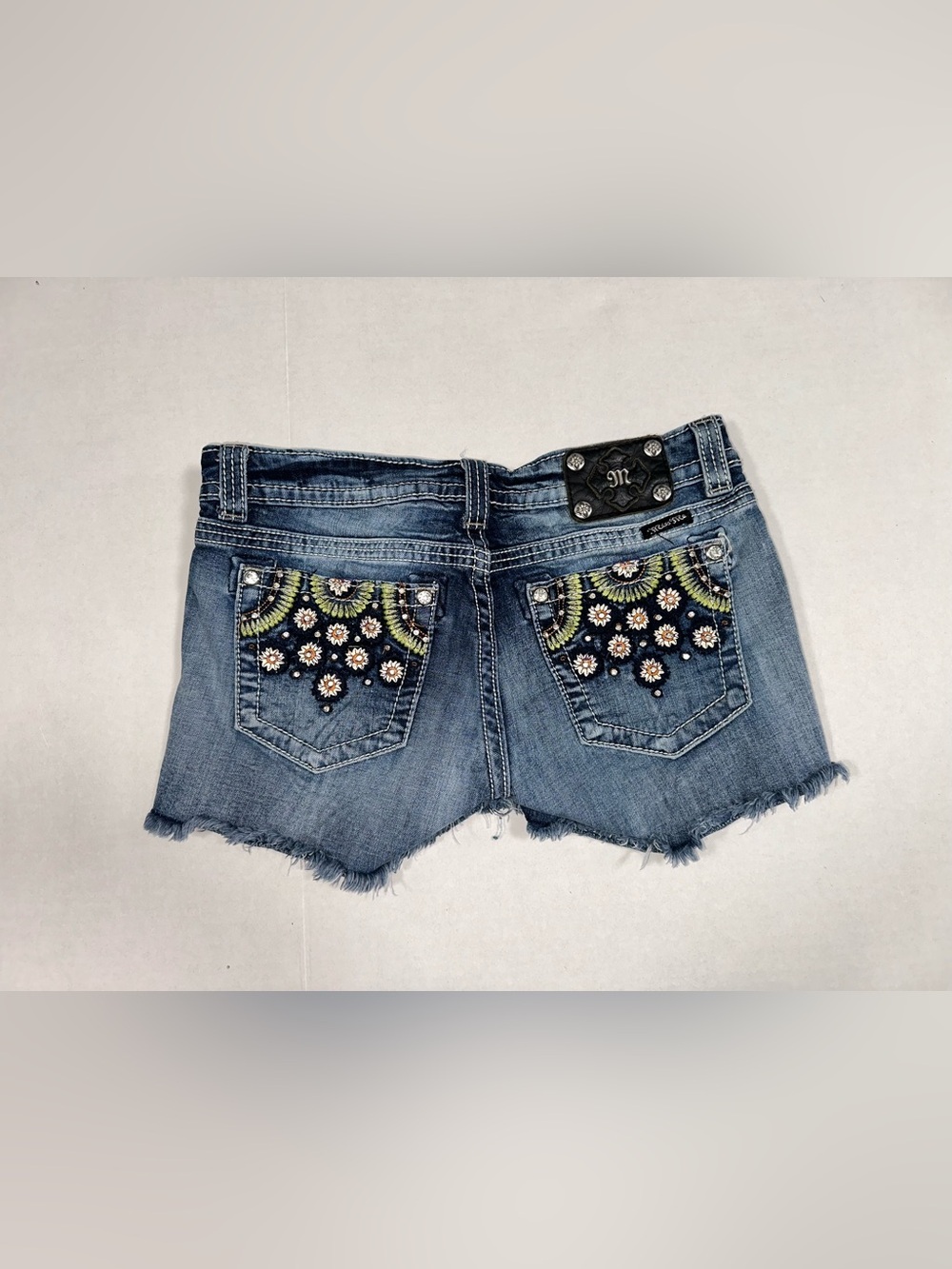 Miss Me Low Rise Distressed Size 30 Denim Shorts Embroidered Bling Pockets Y2K